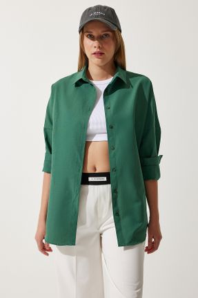 پیراهن سبز زنانه اورسایز یقه پیراهنی پنبه - پلی استر کد 259184334