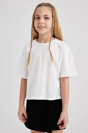 تی شرت سفید بچه گانه کراپ یقه گرد پنبه (نخی) تکی بیسیک کد 473139098