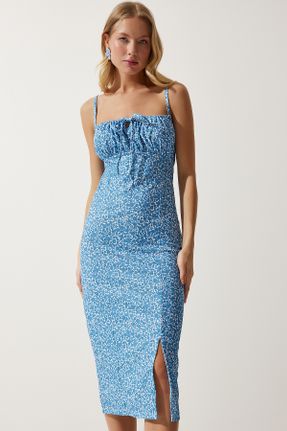 لباس آبی زنانه بافتنی مخلوط پلی استر طرح گلدار Fitted بند دار کد 807196475