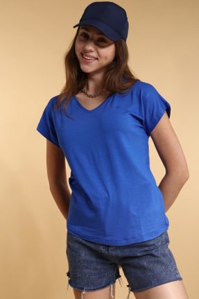 تی شرت آبی زنانه رگولار یقه هفت بیسیک کد 303423531