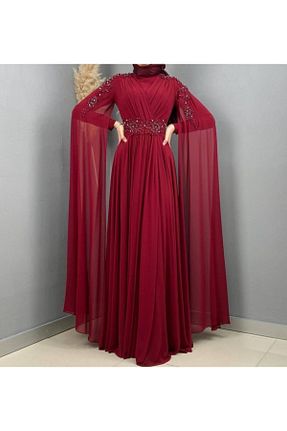 لباس مجلسی حجاب زرشکی زنانه یقه ایستاده Helya - کد 107548149
