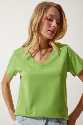 تی شرت سبز زنانه رگولار یقه هفت پنبه (نخی) تکی بیسیک کد 808023373