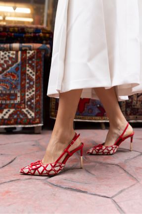کفش پاشنه بلند کلاسیک قرمز زنانه کتان پاشنه نازک پاشنه بلند ( +10 cm) کد 808305280