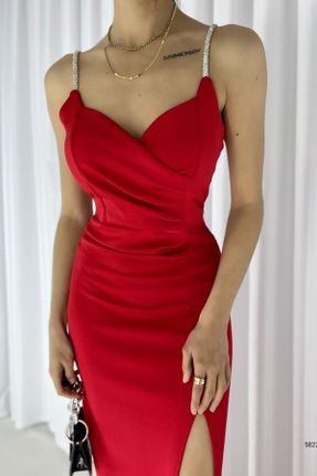 لباس قرمز زنانه بافتنی ویسکون رگولار بند دار پارتی کد 654373904