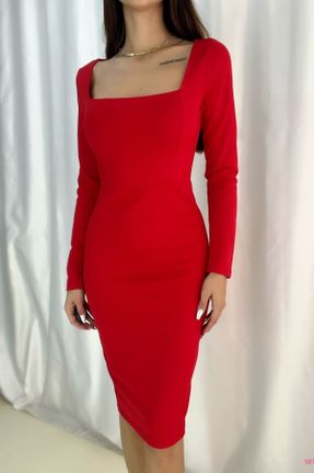 لباس قرمز زنانه بافتنی کرپ رگولار آستین-بلند بیسیک کد 347694484