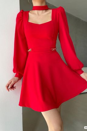 لباس قرمز زنانه بافتنی کرپ رگولار آستین-بلند بیسیک کد 771524587