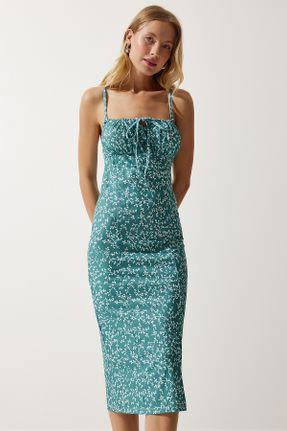 لباس آبی زنانه بافتنی مخلوط پلی استر طرح گلدار Fitted بند دار کد 808017834