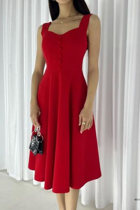 لباس قرمز زنانه بافتنی کرپ رگولار بند دار کد 652421540