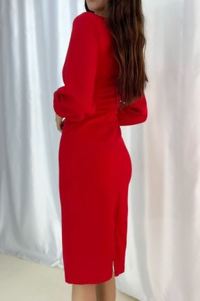 لباس قرمز زنانه بافتنی کرپ آستین-بلند بیسیک کد 356222017