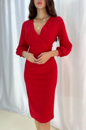 لباس قرمز زنانه بافتنی کرپ آستین-بلند بیسیک کد 356222017
