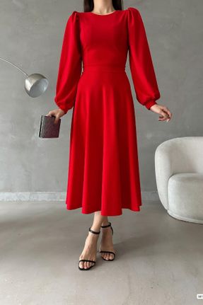 لباس قرمز زنانه بافتنی کرپ رگولار آستین-بلند بیسیک کد 771906880