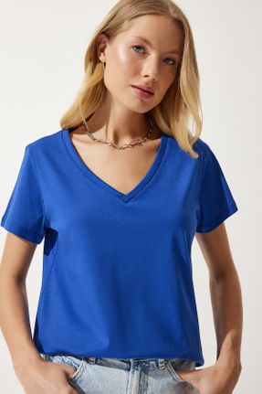 تی شرت آبی زنانه رگولار یقه هفت پنبه (نخی) تکی بیسیک کد 809349919