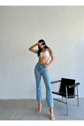 شلوار جین آبی زنانه پاچه راحت فاق بلند پنبه - پلی استر اورسایز جوان کراپ کد 808816263