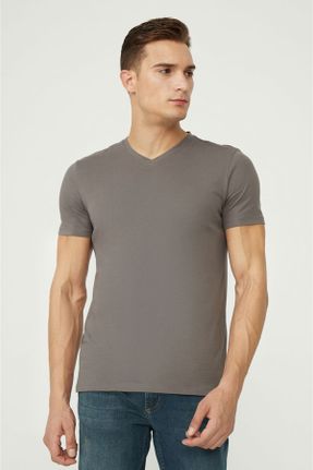 تی شرت طوسی مردانه یقه هفت رگولار تکی بیسیک کد 57375280