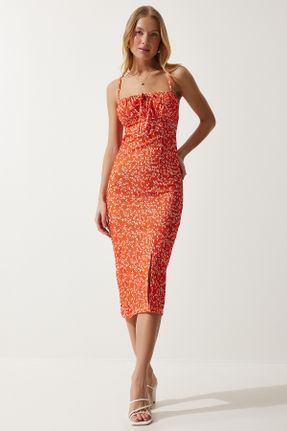 لباس نارنجی زنانه بافتنی مخلوط پلی استر طرح گلدار Fitted بند دار کد 809346642