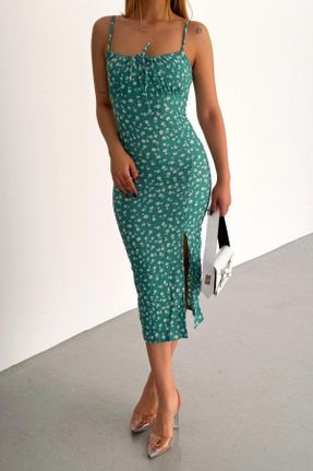 لباس سبز زنانه بافتنی پنبه - پلی استر طرح گلدار Fitted بند دار کد 809123848