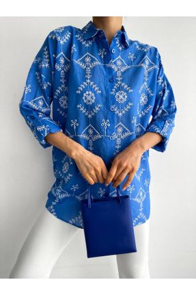 پیراهن آبی زنانه یقه پیراهنی پنبه - پلی استر Fitted کد 809067763