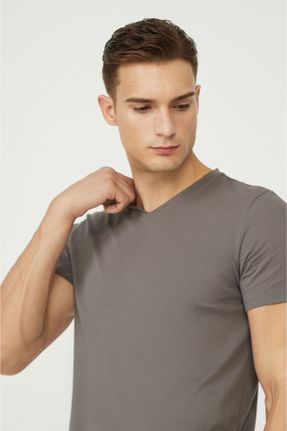تی شرت طوسی مردانه رگولار یقه هفت تکی بیسیک کد 57375280