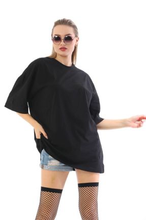 تی شرت مشکی زنانه اورسایز یقه گرد پنبه (نخی) کد 302389876