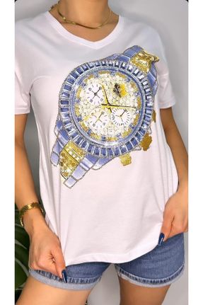 تی شرت آبی زنانه رگولار یقه هفت تکی طراحی کد 801428799