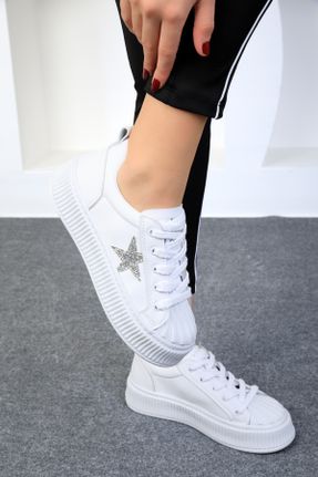 کفش اسنیکر سفید زنانه بند دار چرم مصنوعی کد 805020551