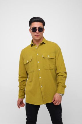 پیراهن زرد مردانه اورسایز یقه پیراهنی کتان کد 809731158
