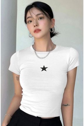 تی شرت سفید زنانه کراپ یقه گرد پنبه (نخی) تکی جوان کد 809838500