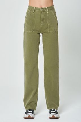 شلوار جین سبز زنانه پاچه رگولار فاق بلند پارچه ای ساده بلند کد 266857175