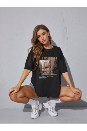 تی شرت مشکی زنانه رگولار یقه گرد پنبه - پلی استر کد 809731476
