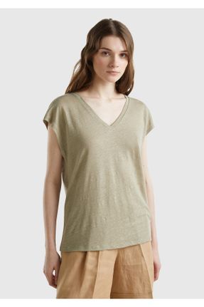 تی شرت خاکی زنانه رگولار یقه هفت کتان کد 809888012