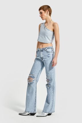 شلوار جین زنانه پاچه راحت فاق بلند پنبه (نخی) کد 810037144