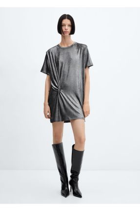 لباس طوسی زنانه بافتنی پلی استر رگولار آستین-کوتاه بیسیک کد 771969107
