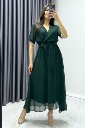 لباس سبز زنانه شیفون سایز بزرگ بافتنی کد 810103246