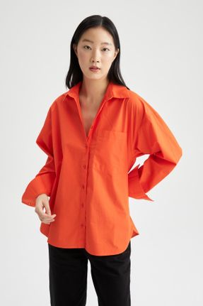 پیراهن نارنجی زنانه اورسایز یقه پیراهنی پنبه (نخی) کد 242561739
