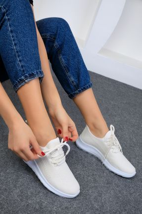 کفش اسنیکر سفید زنانه بند دار چرم مصنوعی کد 808023466
