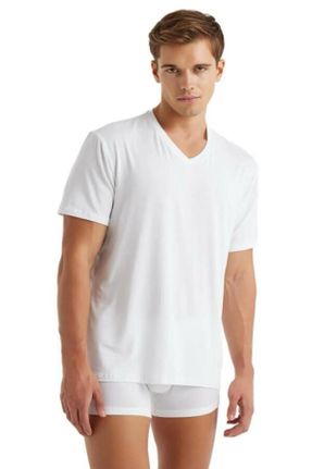تی شرت سفید مردانه ریلکس مودال یقه هفت تکی کد 810096526