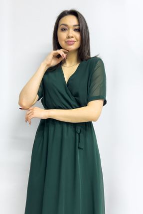 لباس سبز زنانه شیفون سایز بزرگ بافتنی کد 810103246