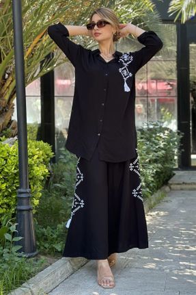 ست مشکی زنانه بافتنی ویسکون اورسایز فاق بلند کد 810290200