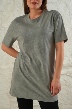 تی شرت طوسی زنانه ریلکس یقه گرد پنبه (نخی) تکی طراحی کد 810281860