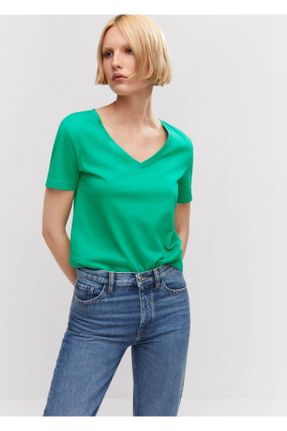تی شرت سبز زنانه رگولار یقه هفت تکی بیسیک کد 755011710