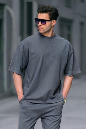 تی شرت طوسی مردانه اورسایز یقه گرد پنبه - پلی استر تکی کد 810634015