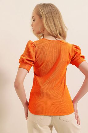 بلوز نارنجی زنانه طرح دار رگولار یقه مربع مخلوط پلی استر کد 283329470