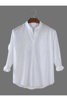 پیراهن سفید مردانه یقه قاضی اسلیم فیت کتان کد 675097339