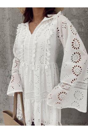 لباس سفید زنانه بافتنی پنبه - پلی استر آستین-بلند بیسیک کد 811217127