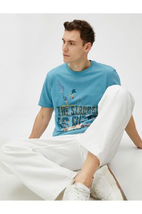 تی شرت آبی مردانه رگولار یقه گرد پنبه (نخی) تکی کد 679197138