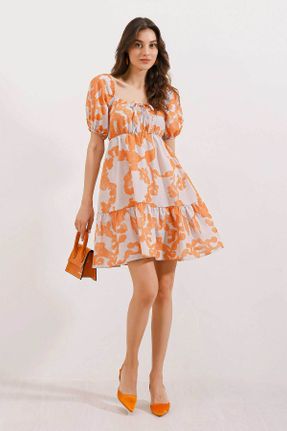 لباس نارنجی زنانه بافتنی گلوژ آستین-کوتاه کد 799679412