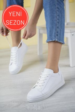 کفش اسنیکر سفید زنانه بند دار چرم مصنوعی کد 772022725