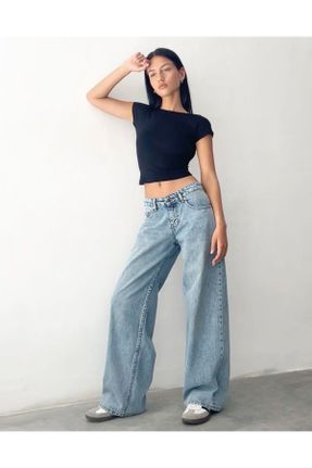 شلوار جین آبی زنانه پاچه گشاد فاق بلند استاندارد کد 810841781