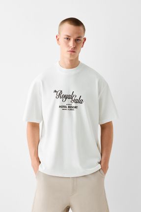 تی شرت سفید مردانه ریلکس یقه دگاژه پنبه (نخی) کد 811103487