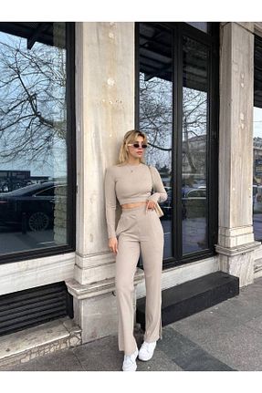ست بالاتنه و پائین تنه بژ زنانه بافتنی POZİGİ - کد 811103781